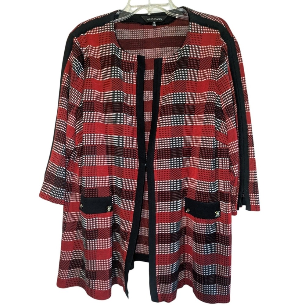 Ming Wang Womens 1X Red Plaid Knit Cardigan Open Front Jacket Pockets Plus Size